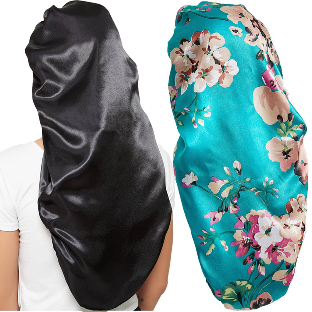 Satin bonnet pair in black and teal floral print with long hood tails