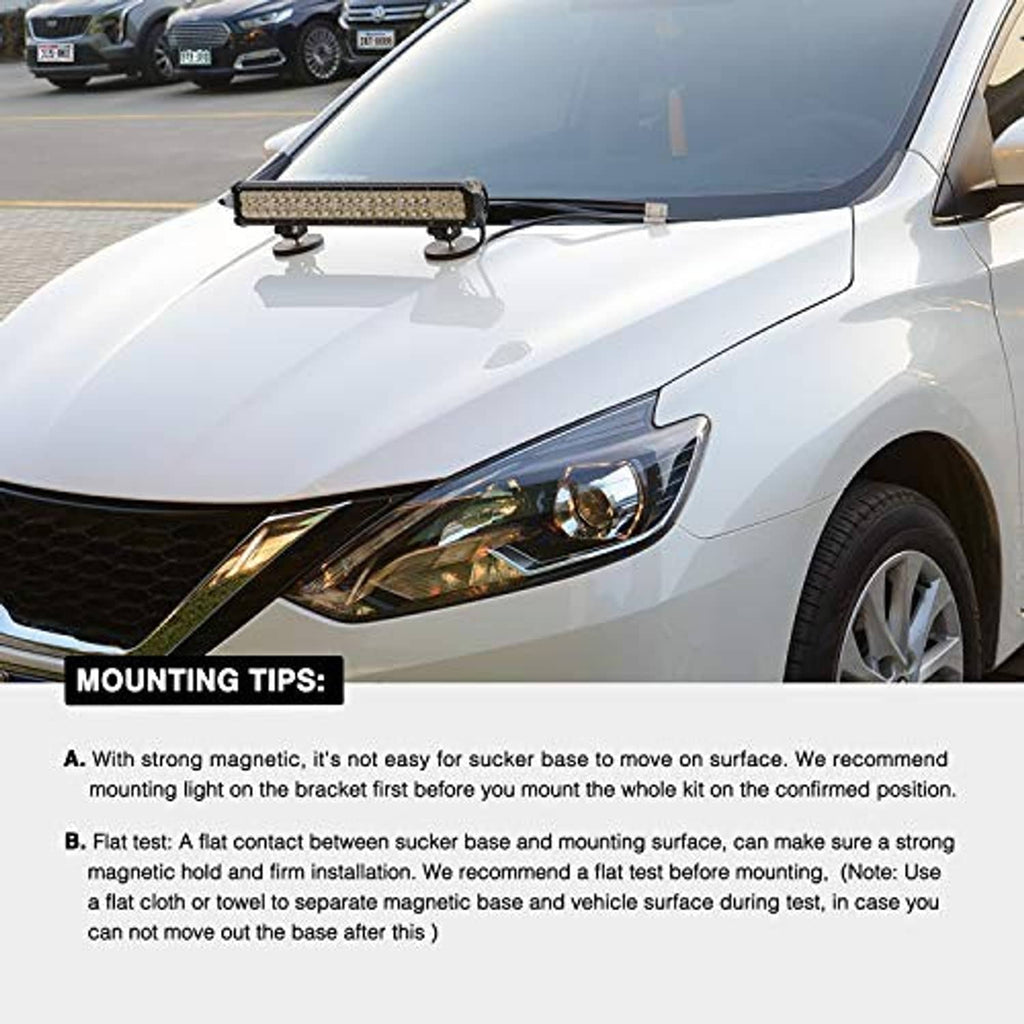 LED light bar mounted on a car hood using round magnetic base brackets