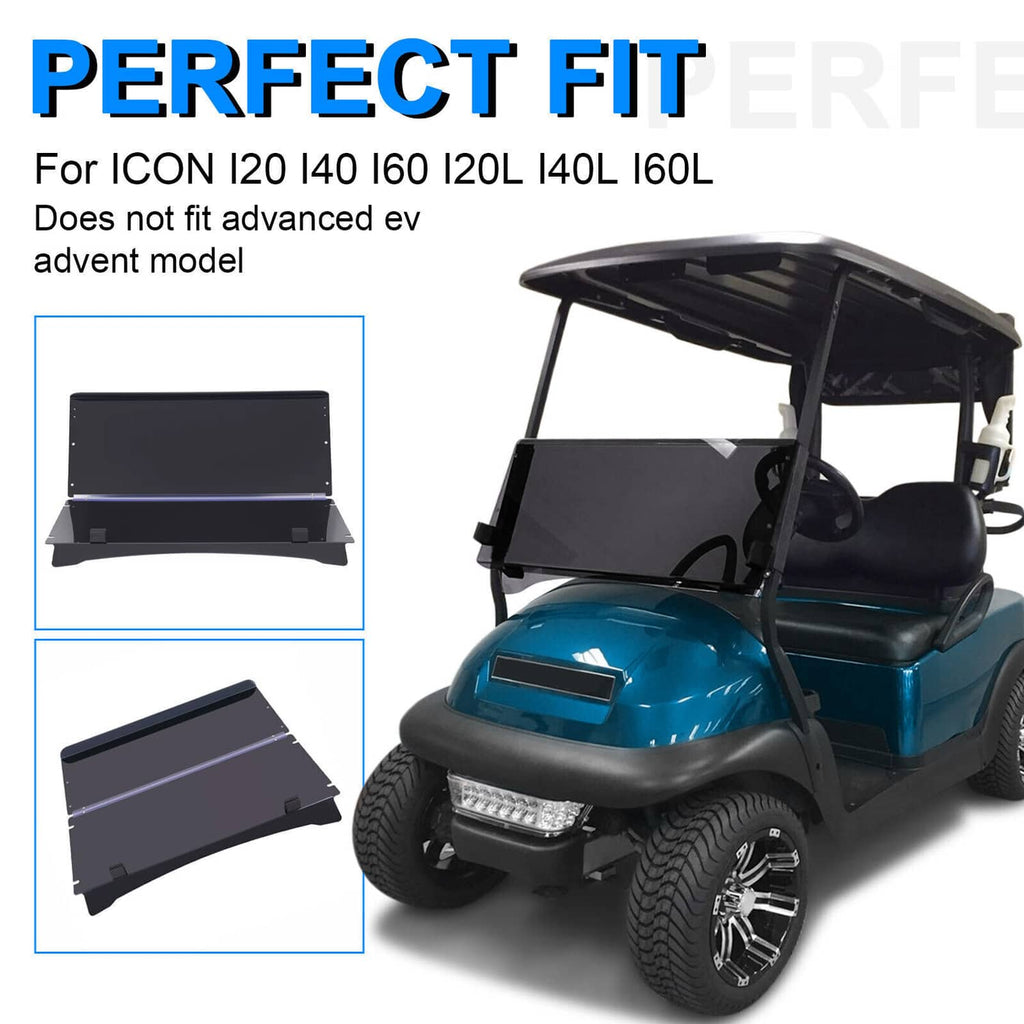 Tinted fold-down flip windscreen panel for ICON utility cart, installed on seat area