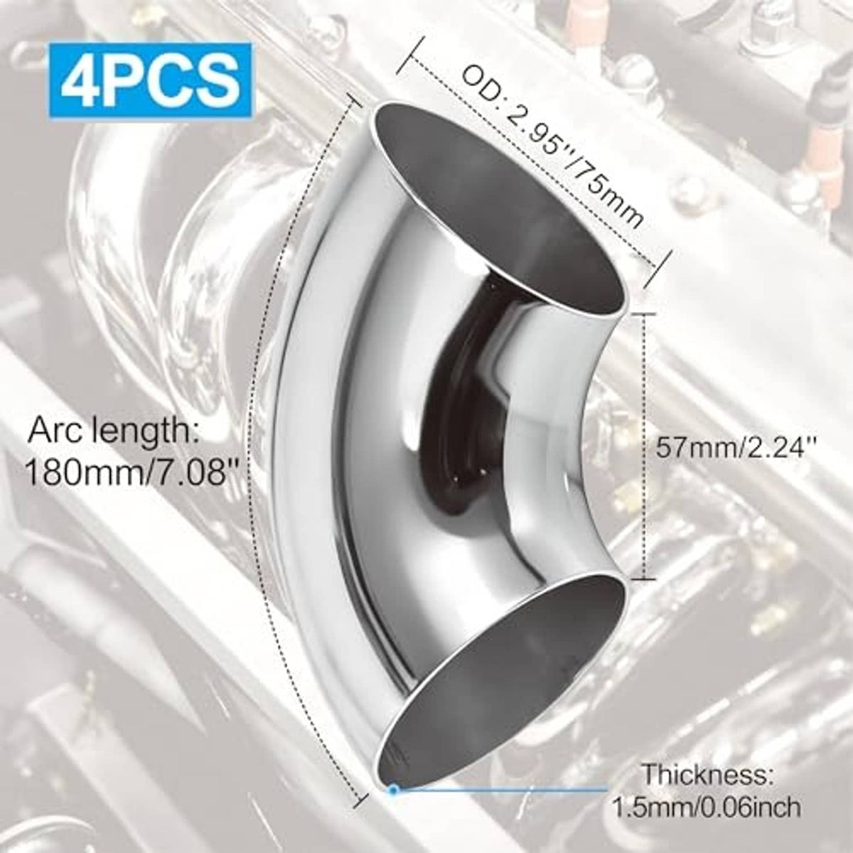 Stainless steel 90-degree mandrel bend elbow with OD and thickness shown
