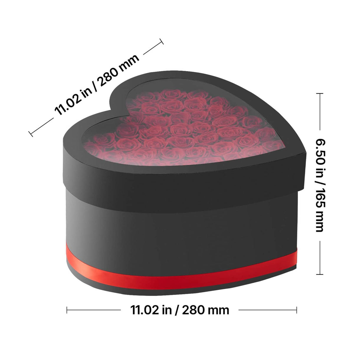 Heart-shaped preserved rose box close-up with black lid, red ribbon band, and rose top