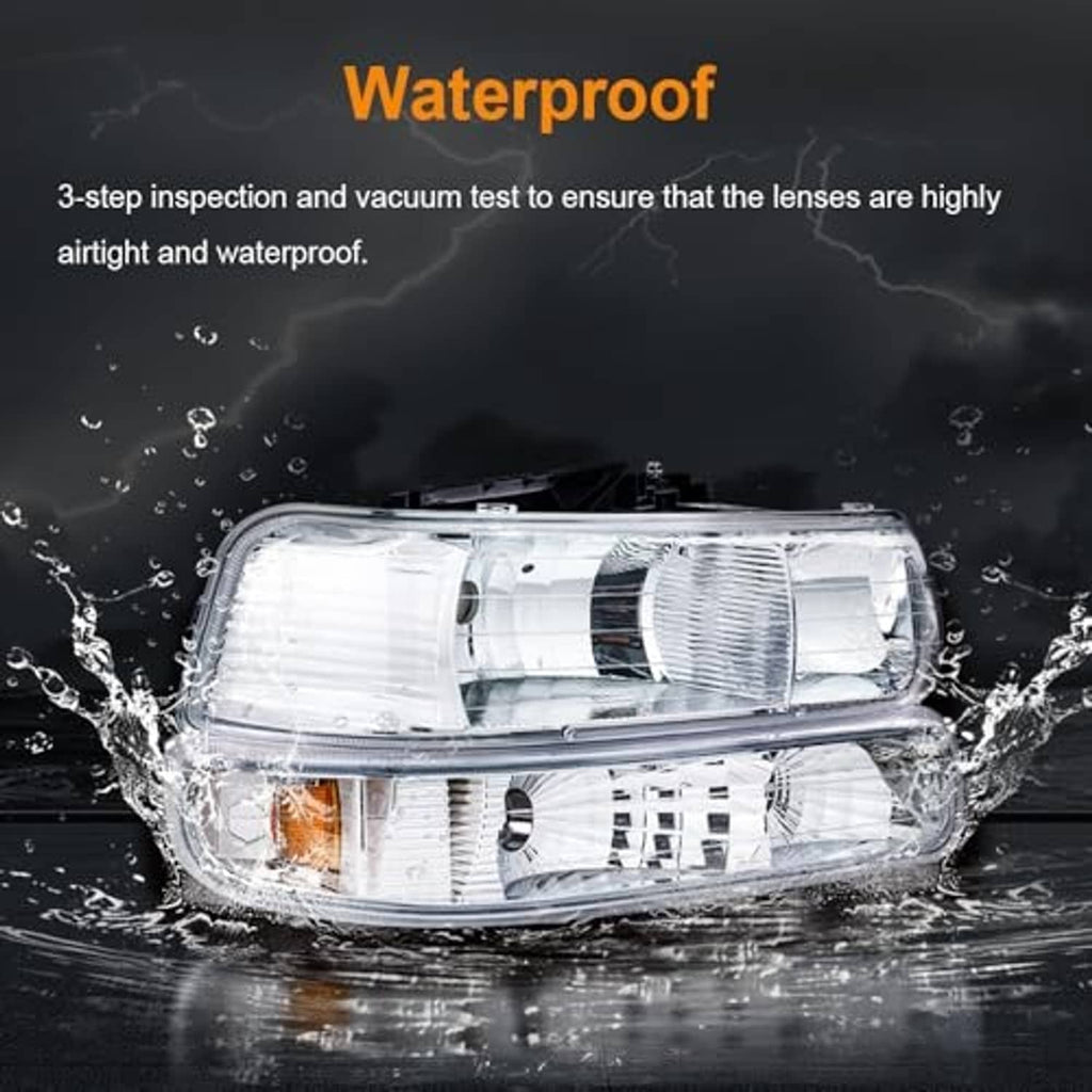 Chrome headlight with clear lens and amber reflector, shown with water splash effect