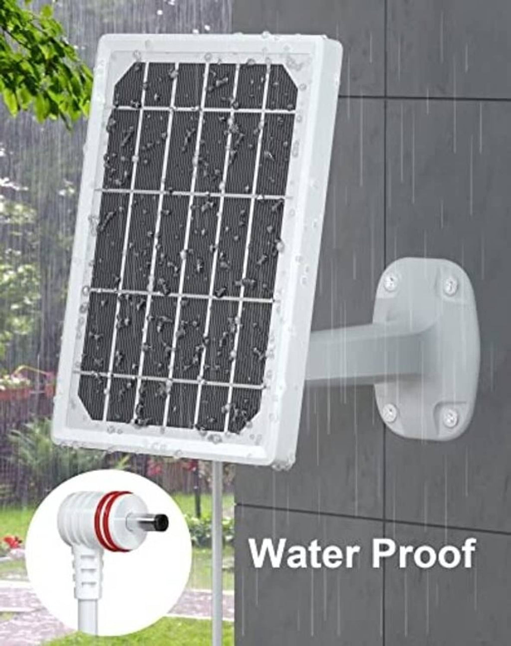 Weatherproof solar panel charger with stand, power cable, and outdoor camera mount