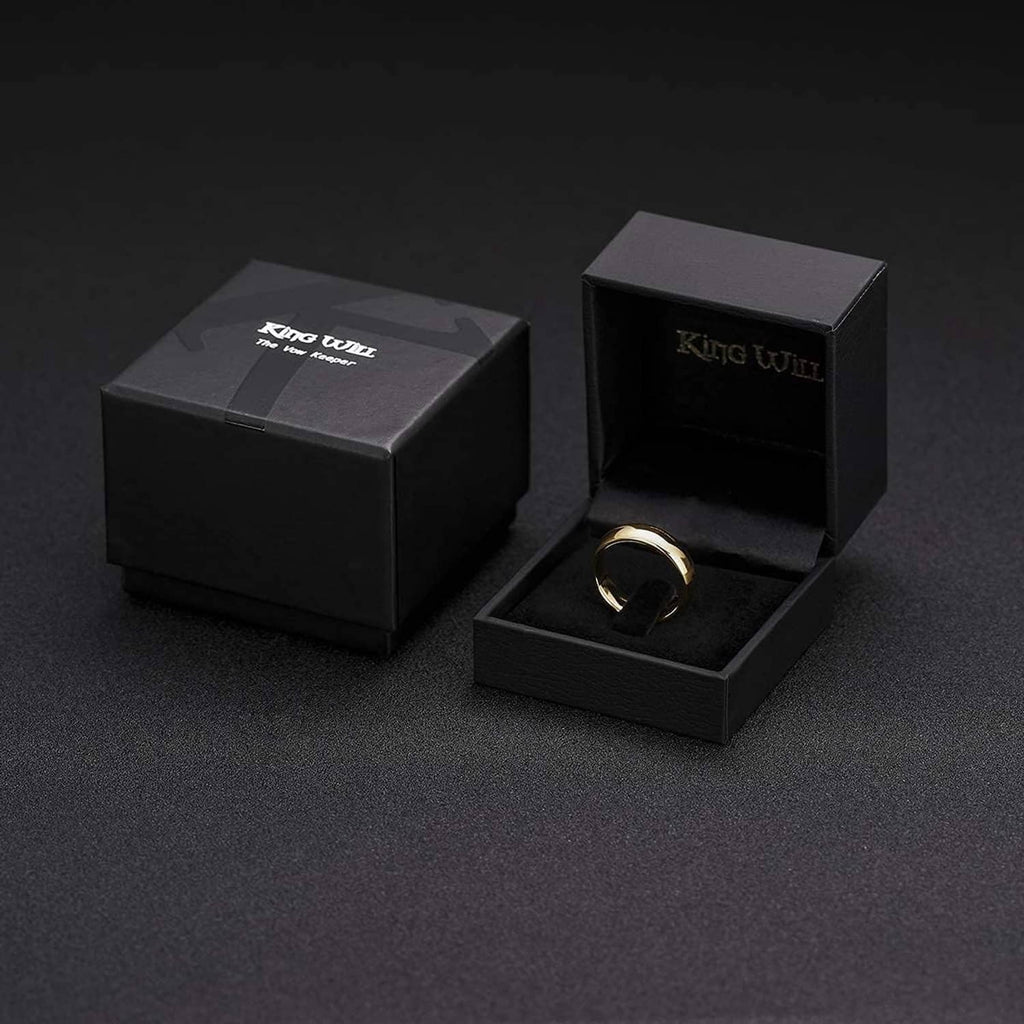 Gold plated tungsten carbide ring in black gift box, glossy band