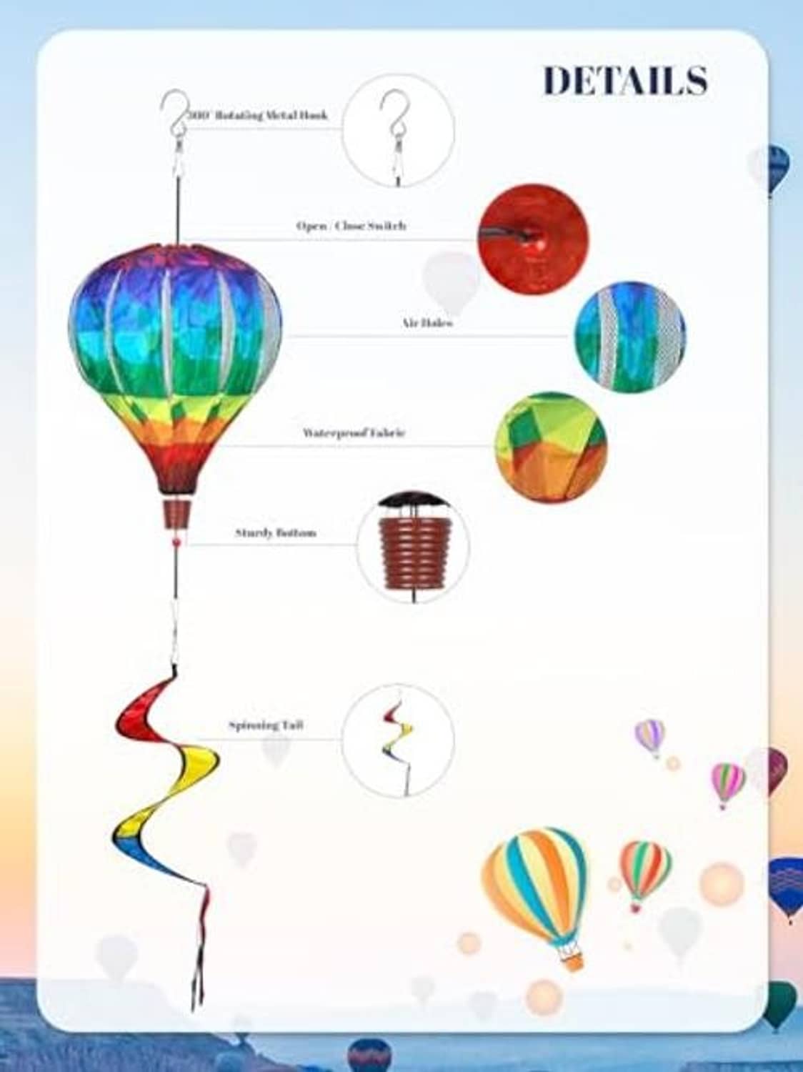 Rainbow hot air balloon wind spinner with mesh canopy and dangling spiral tail