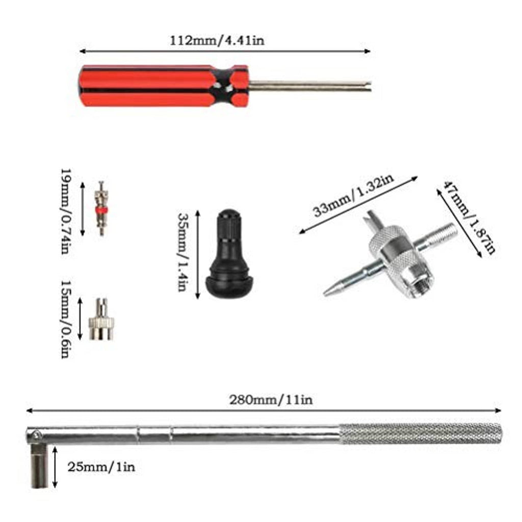 Tire valve stem tool set with puller handle and installer parts shown with size markers