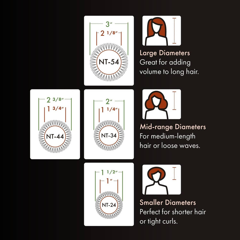 Hair brush barrel size guide showing 3 in, 2 3/8 in, 2 in, and 1 1/2 in.