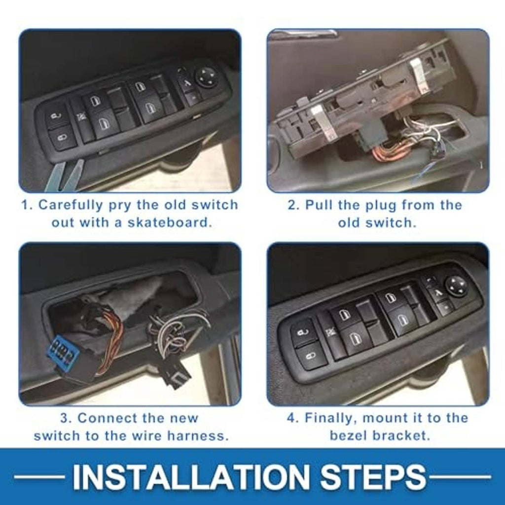 Power window switch installed in car window control panel with wiring shown