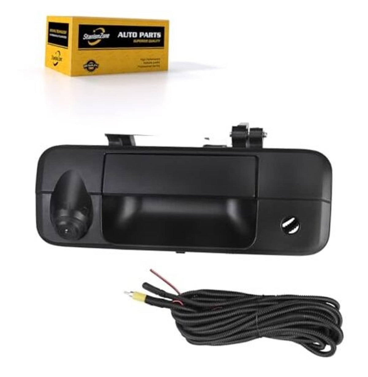 Rear tailgate handle backup camera with matte black housing and wired connection cable