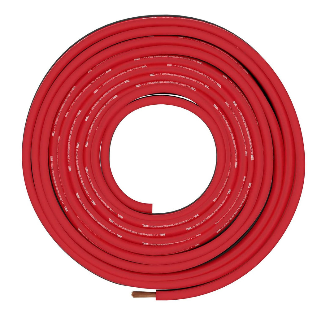 Coiled red speaker wire with printed markings and insulated jacket