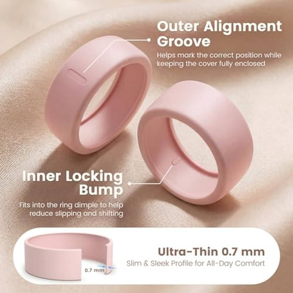 Pair of light pink silicone ring covers with inner edge and snug fit design