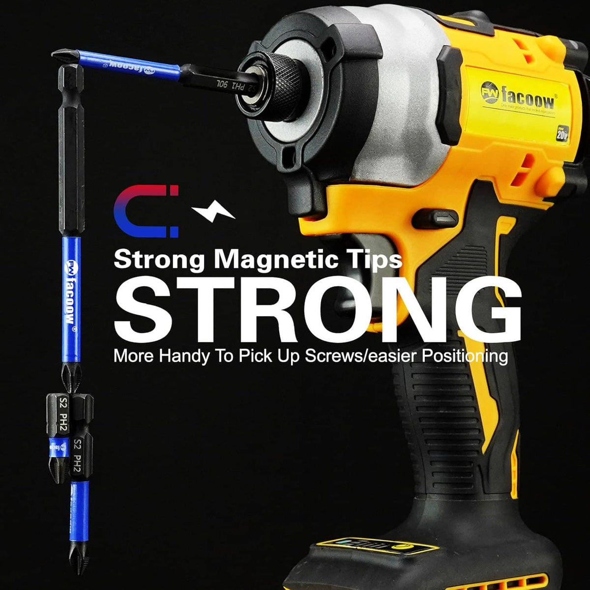 Phillips impact driver bits with strong magnetic tips shown with a power drill