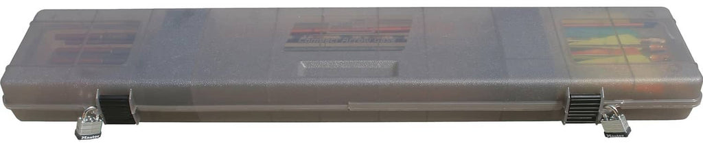 MTM Compact arrow case with smoke-tinted plastic lid and metal latches, closed