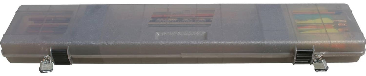 MTM Compact arrow case with smoke-tinted plastic lid and metal latches, closed