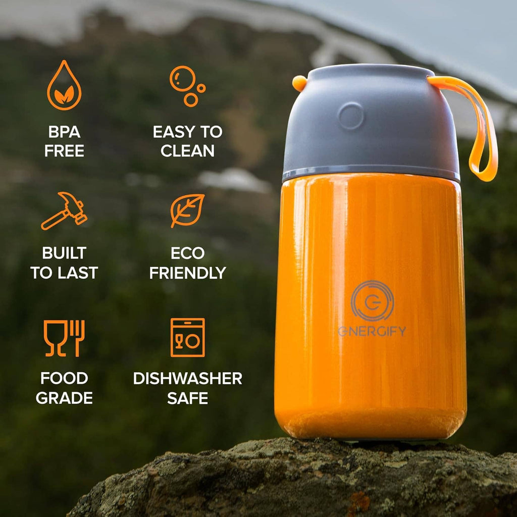 Orange vacuum insulated food jar with gray lid and loop carry handle