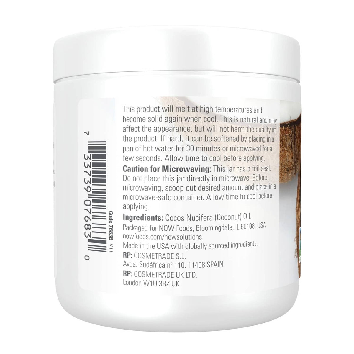 NOW Solutions coconut oil jar side with ingredients and safety text on white container