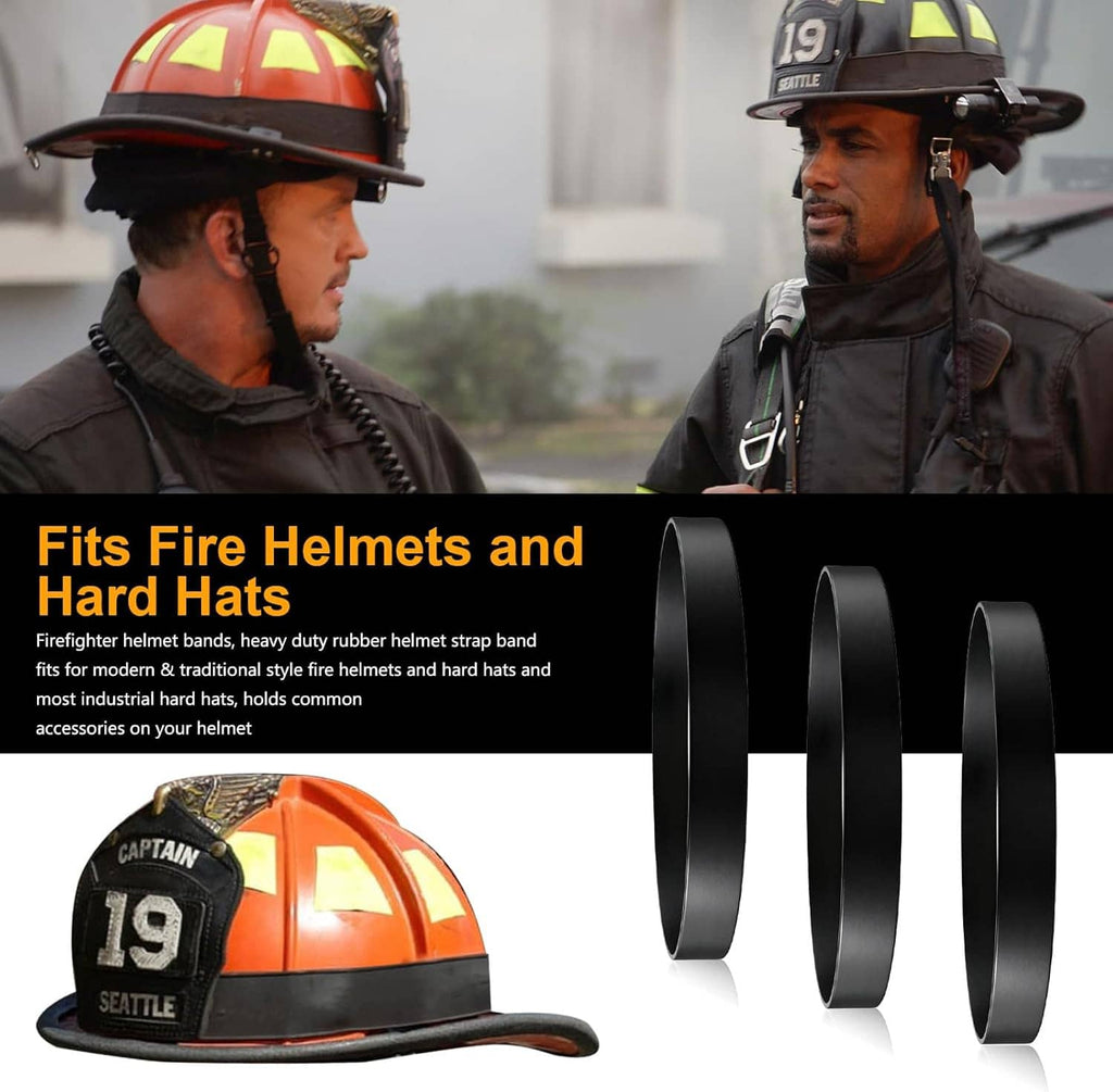 Black rubber helmet strap bands shown with firefighters wearing helmets