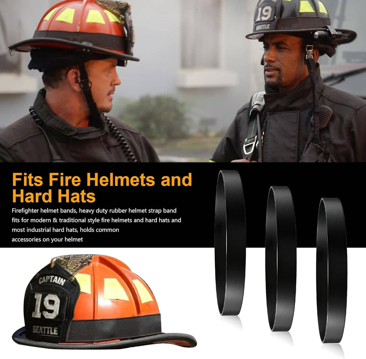Black rubber helmet strap bands shown with firefighters wearing helmets