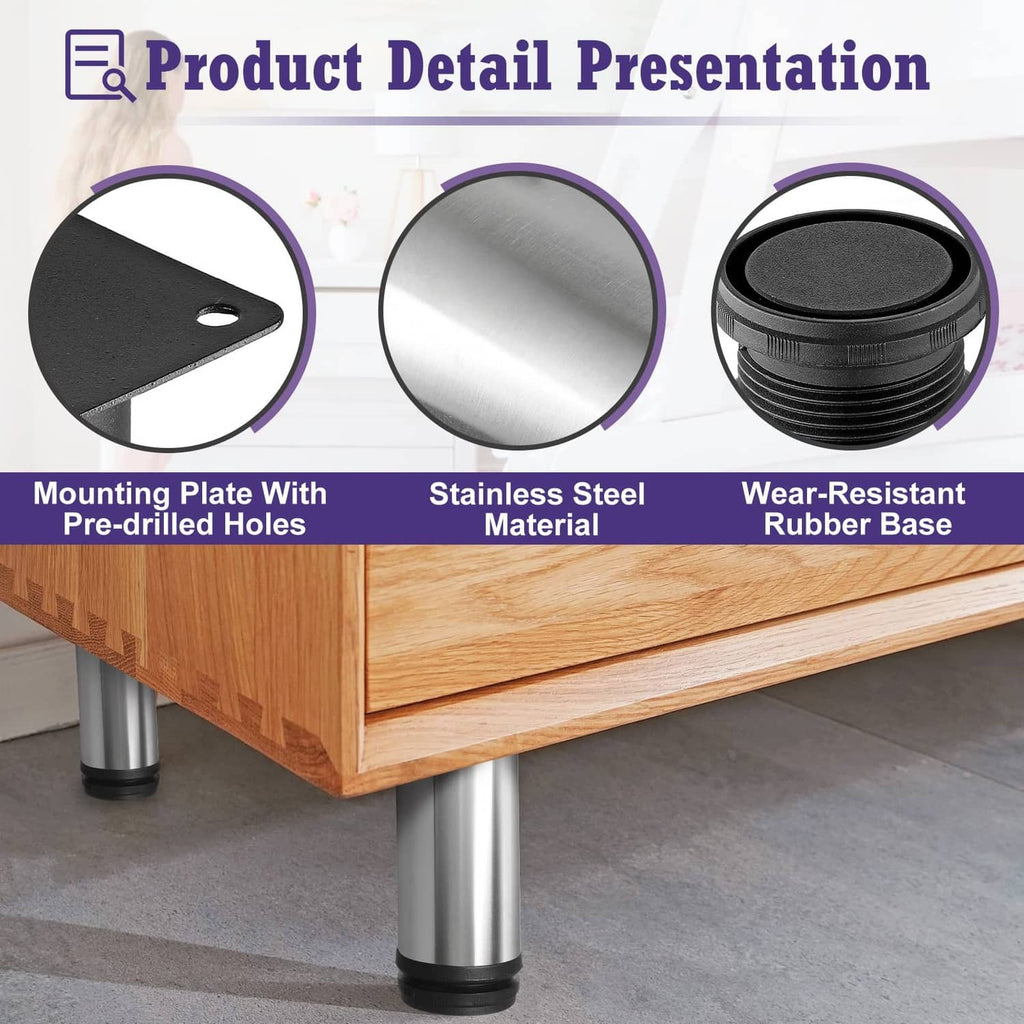 Adjustable stainless steel furniture leg with mounting plate and black rubber base