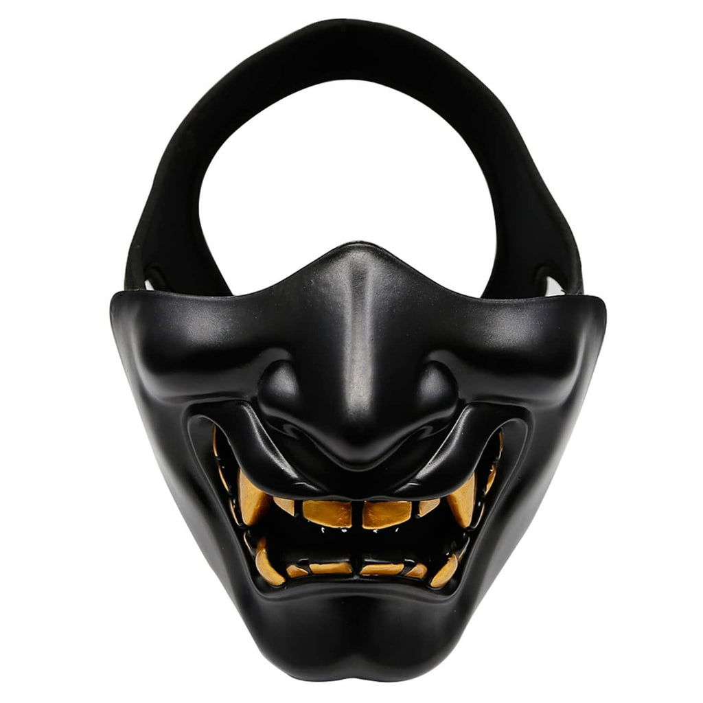 Black half-face demon mask with glowing gold teeth and jagged mouth design