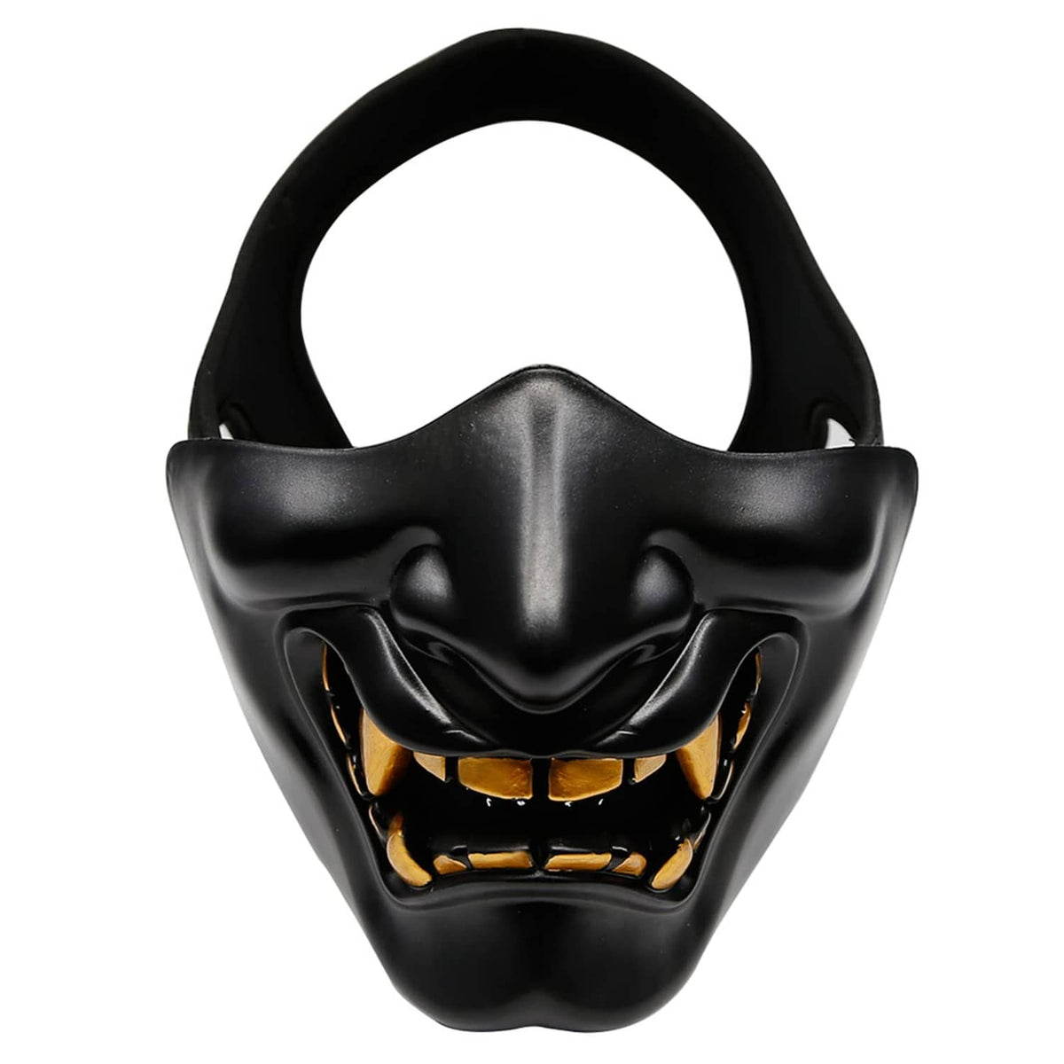 Black half-face demon mask with glowing gold teeth and jagged mouth design