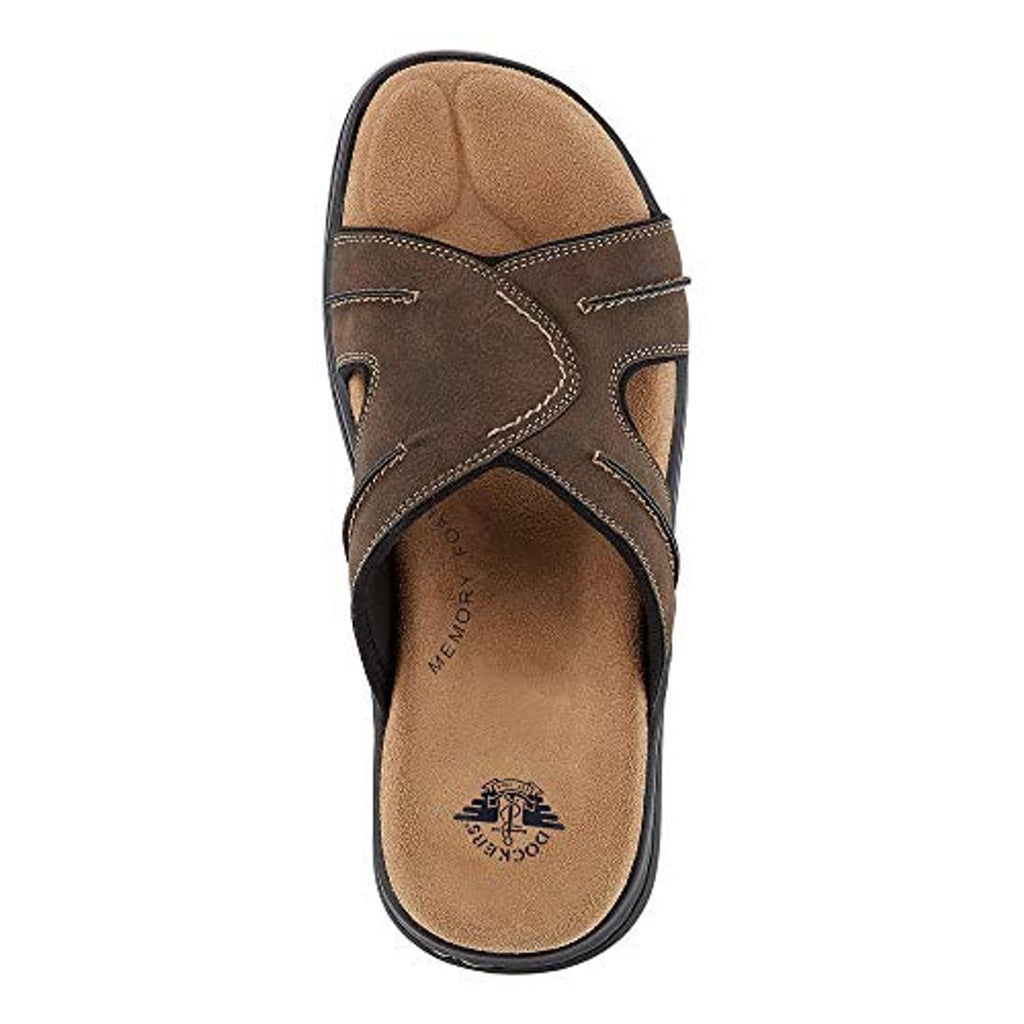 Dark brown slide sandals with tan insole and open toe, stitched strap design