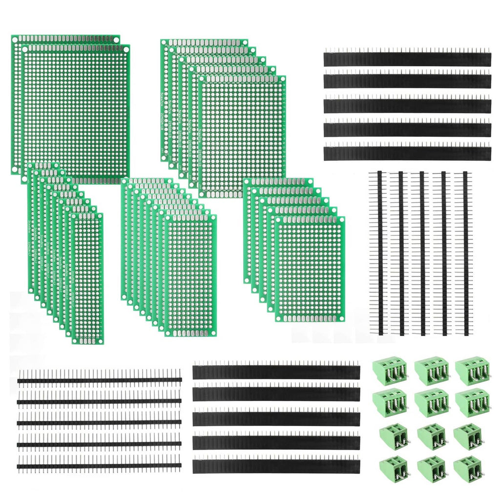 Double-sided PCB prototyping board kit with green boards and black pin headers