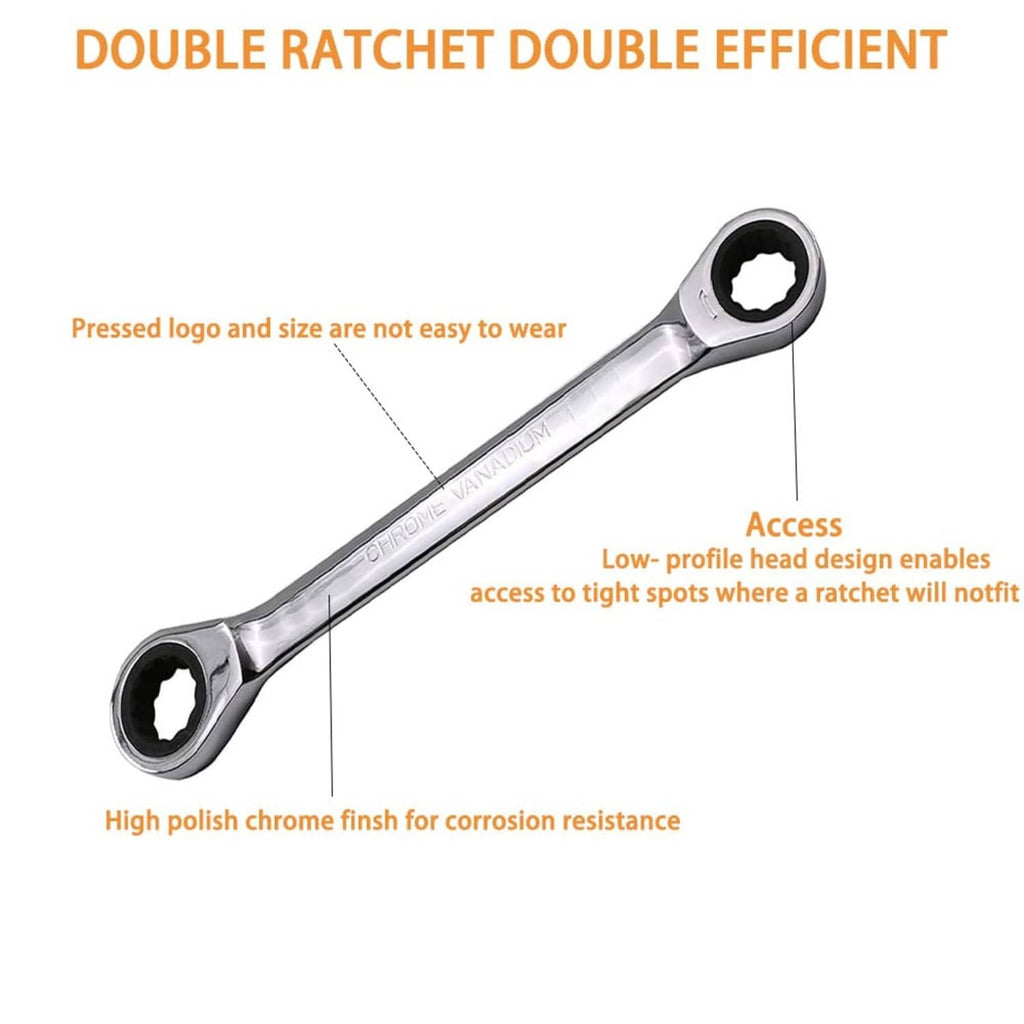 Single chrome metric ratcheting double box-end wrench with black box openings