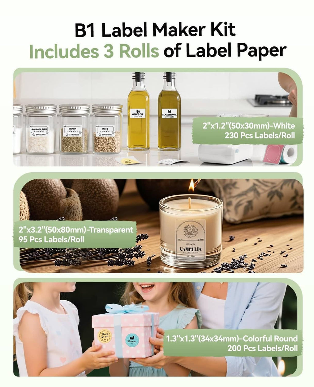 Label maker kit box showing three label paper rolls and printed label examples