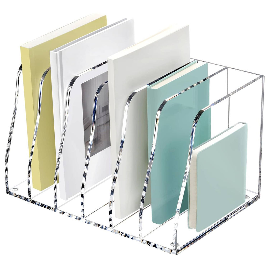 Clear acrylic 6-slot magazine file holder with arched dividers and pastel folder inserts