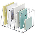 Clear acrylic 6-slot magazine file holder with arched dividers and pastel folder inserts