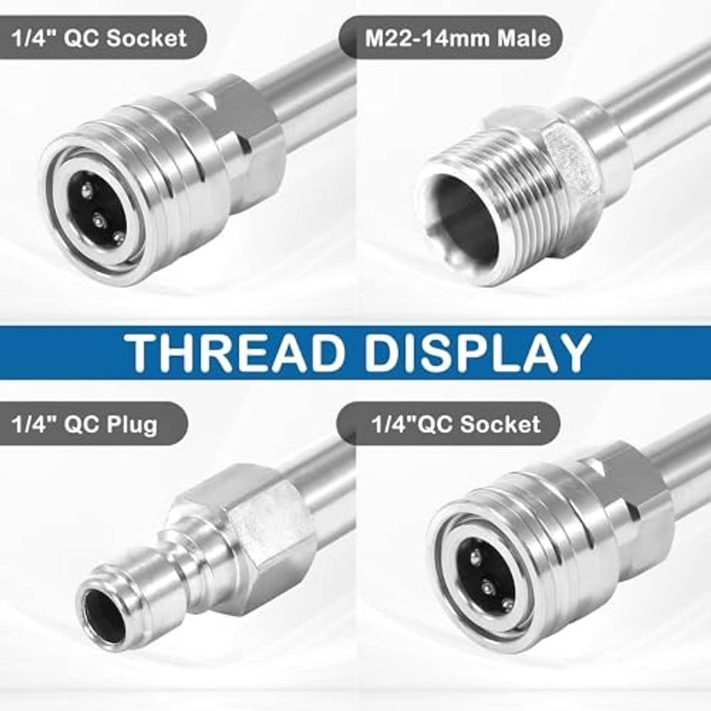 Stainless pressure washer wand extension with M22 male and quick-connect ports