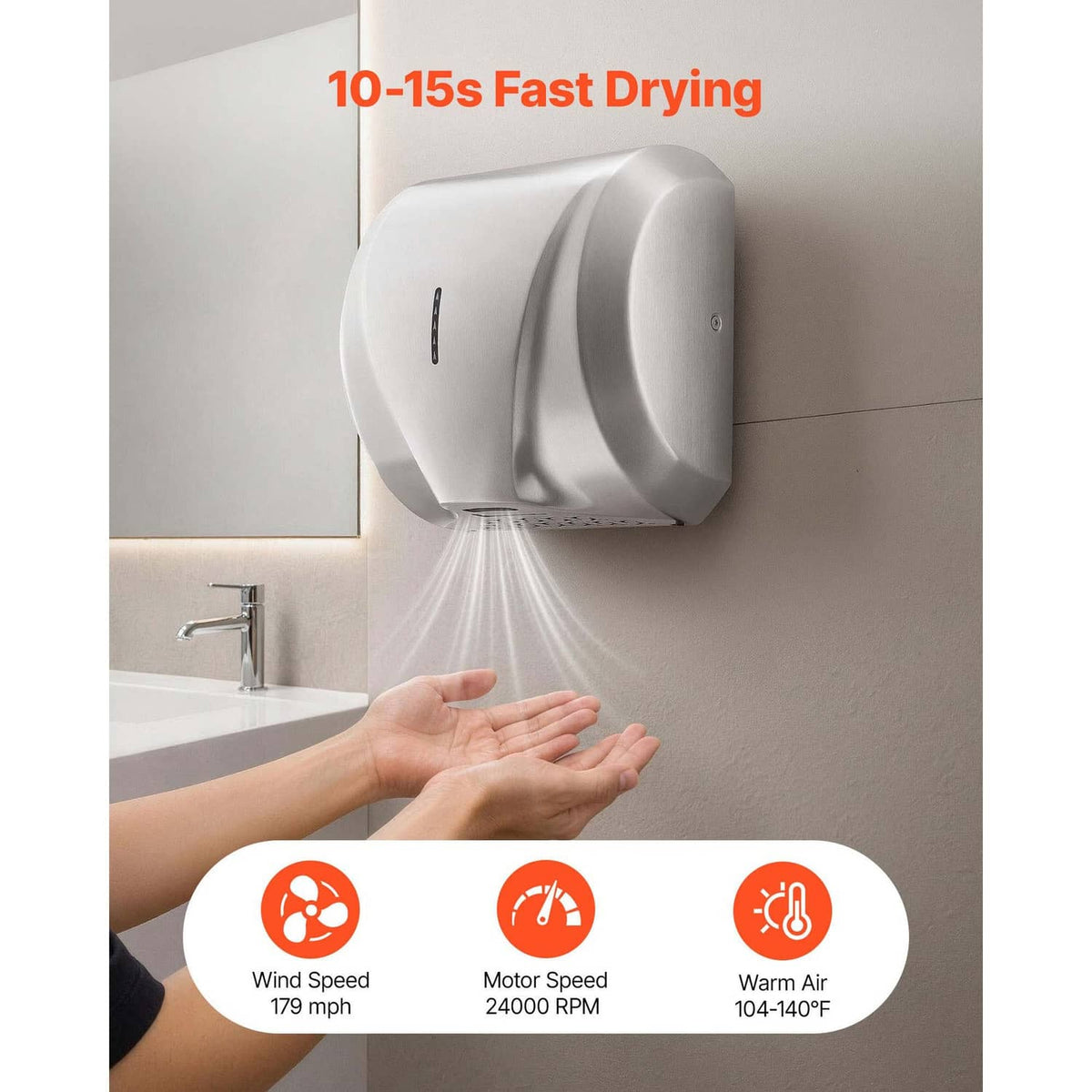 Brushed stainless steel wall-mounted hand dryer blowing air toward cupped hands