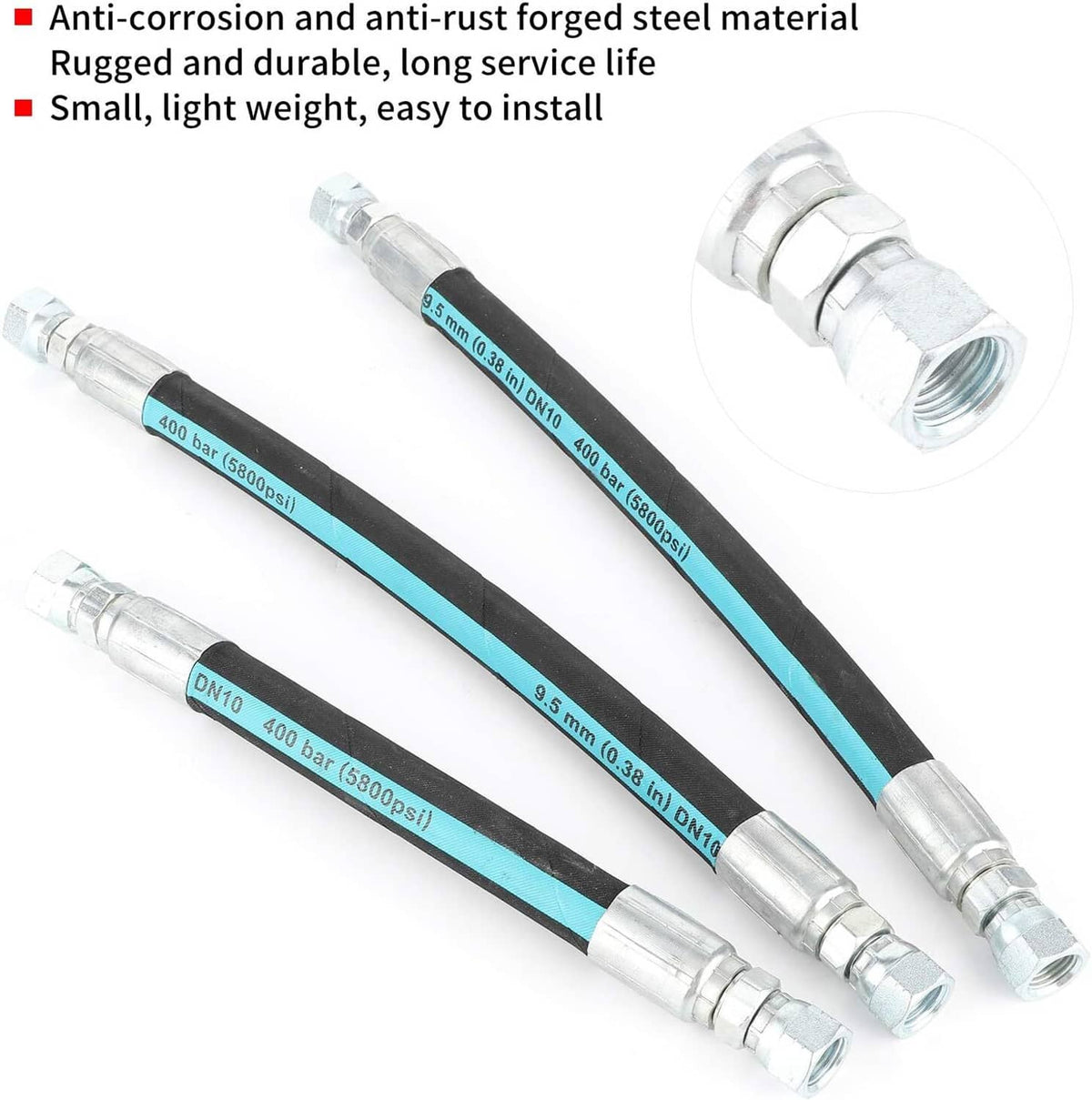 High-pressure oil pump hose set with teal-striped lines and chrome metal hose connectors