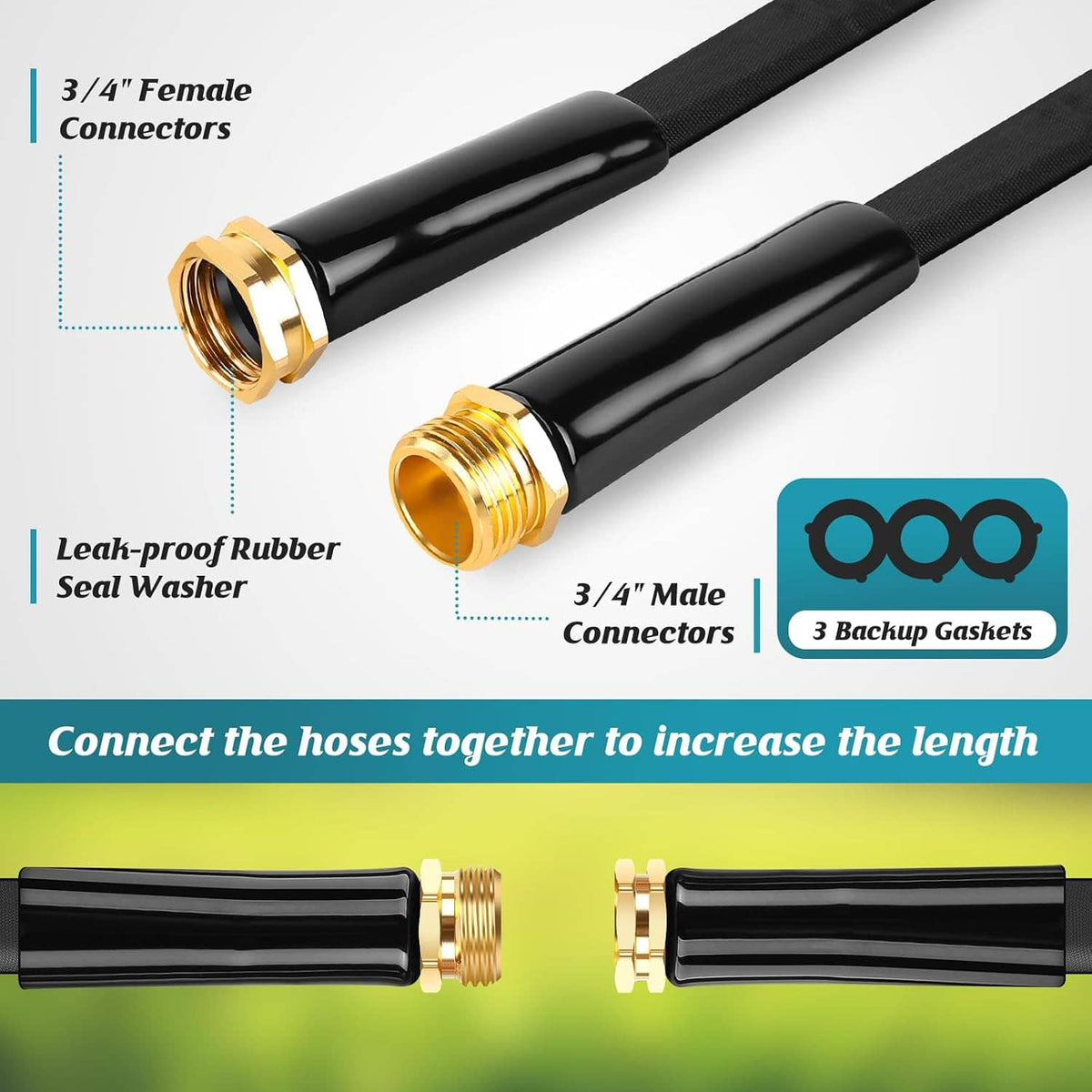 Black 3/4 in hose connectors with gold brass ends, female and male fittings