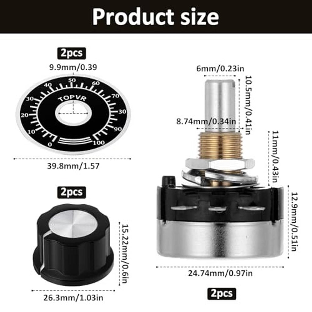 Rotary potentiometer with black knob and metal shaft shown with size diagram
