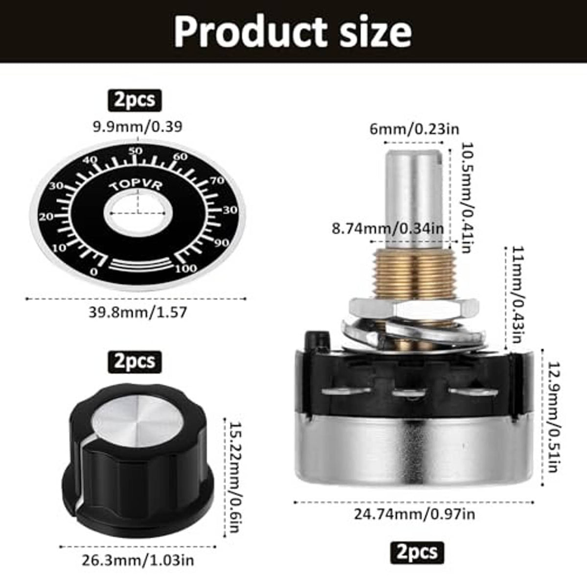 Rotary potentiometer with black knob and metal shaft shown with size diagram