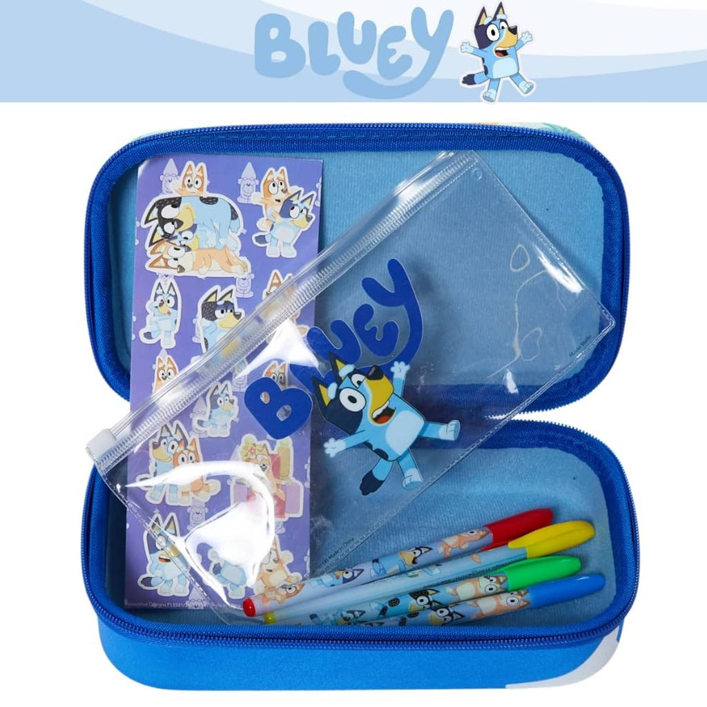 Bluey zip pencil case open with organizer pockets, sticker sheet, and gel pen set