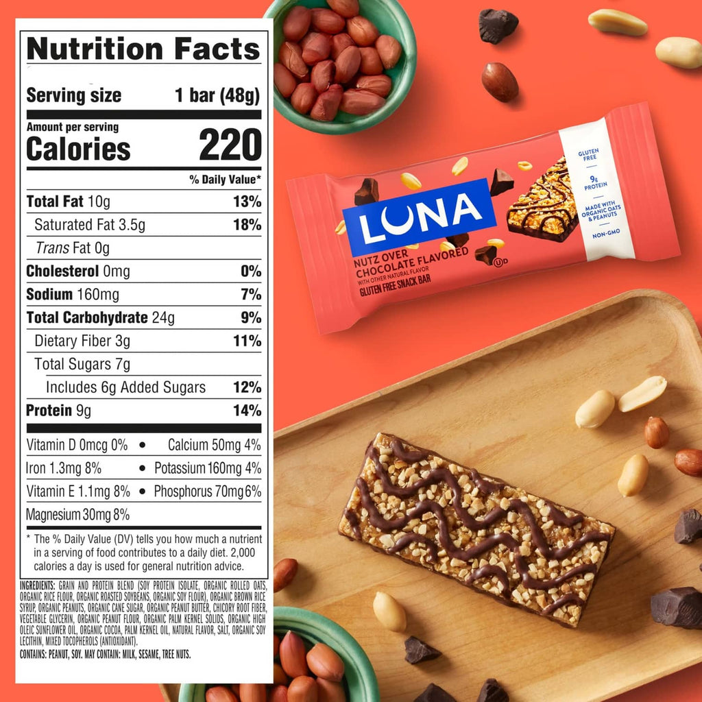 LUNA Nuts Over Chocolate protein bar, nutrition facts panel and chocolate bar pieces