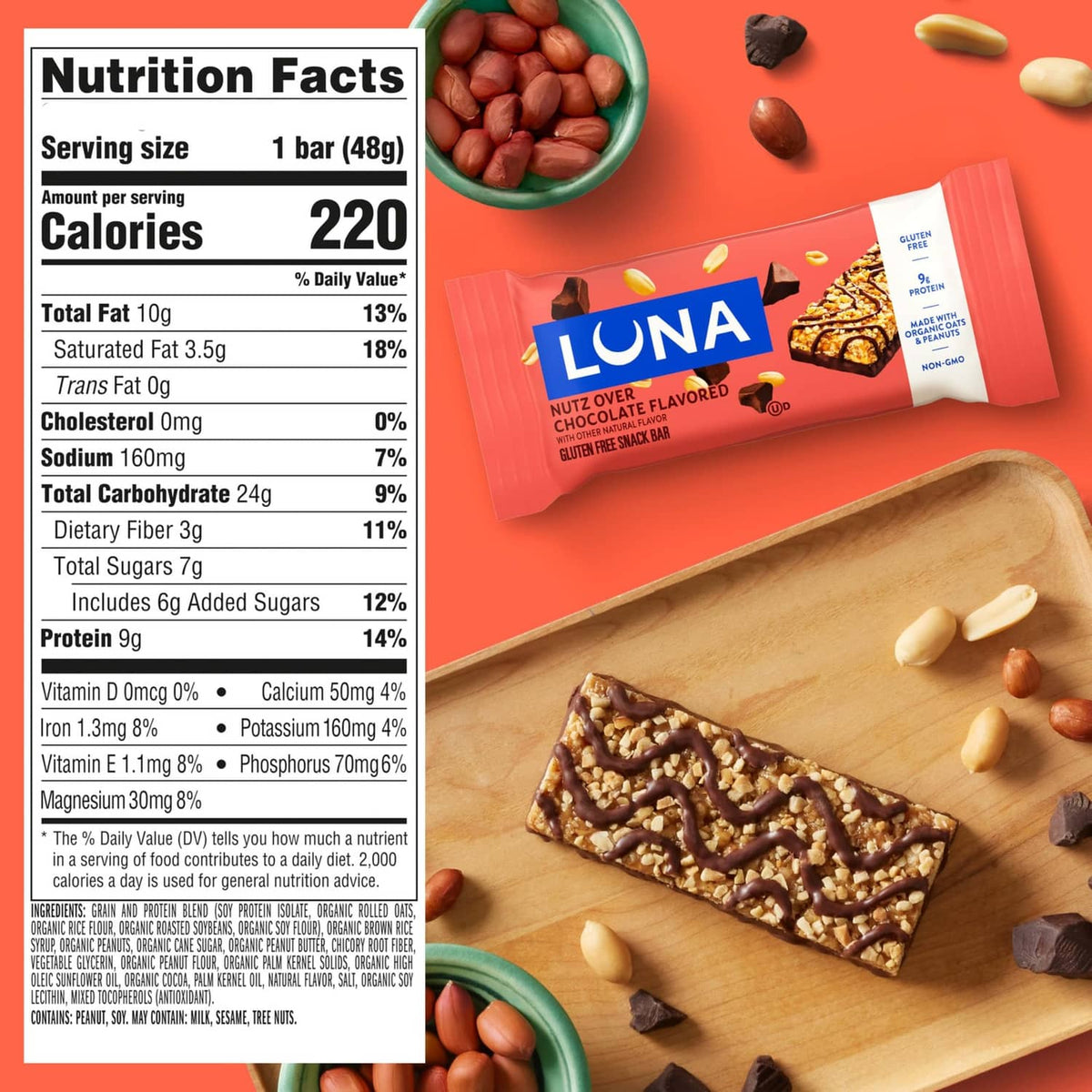 LUNA Nuts Over Chocolate protein bar, nutrition facts panel and chocolate bar pieces