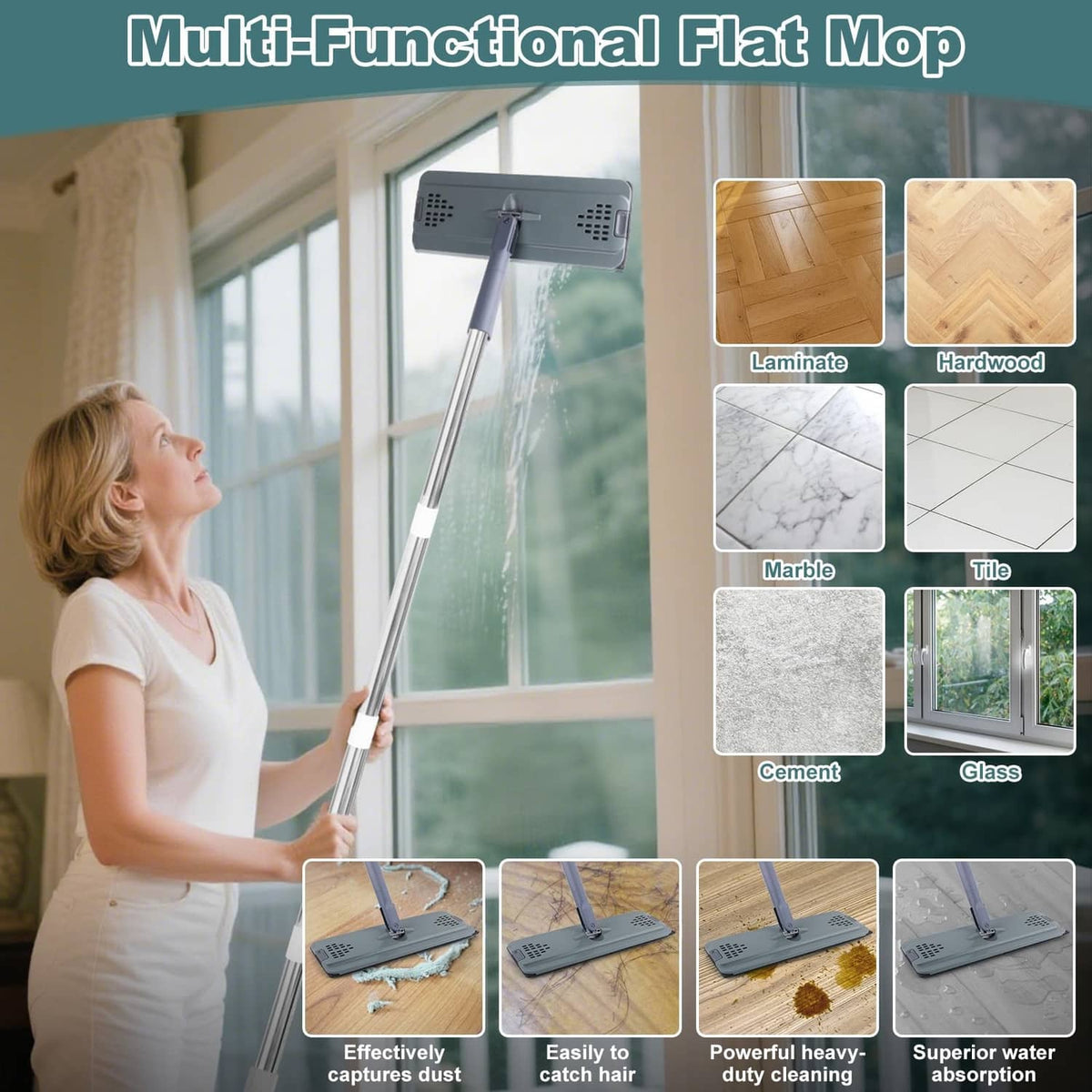 Flat mop with gray microfiber pad for dust and wet cleaning on hard floors