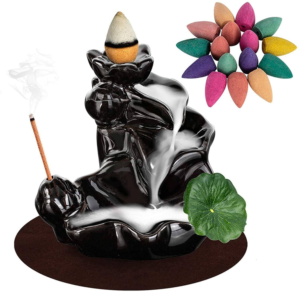 Black ceramic lotus backflow incense holder, seated figure with incense cone