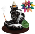 Black ceramic lotus backflow incense holder, seated figure with incense cone