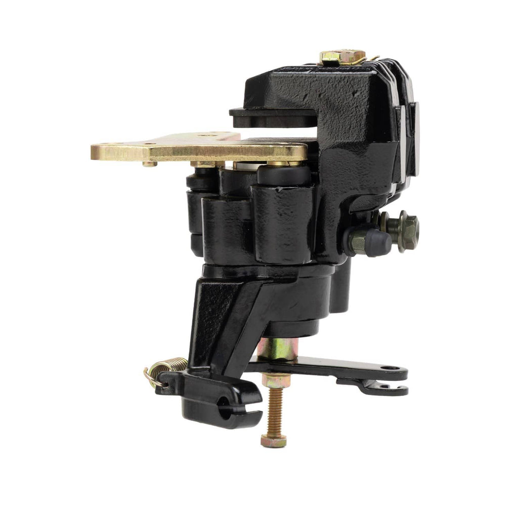 Rear brake caliper assembly with black housing and steel mounting arm
