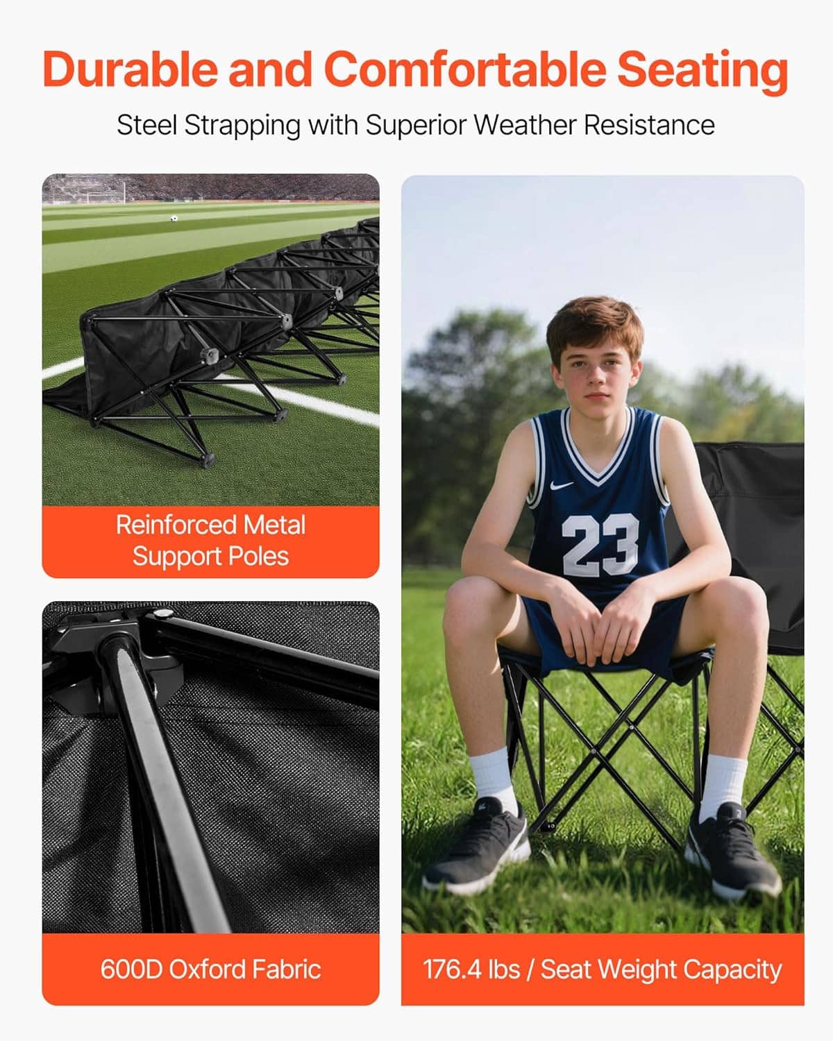 Black folding bench with weather-resistant fabric cover over steel support frame