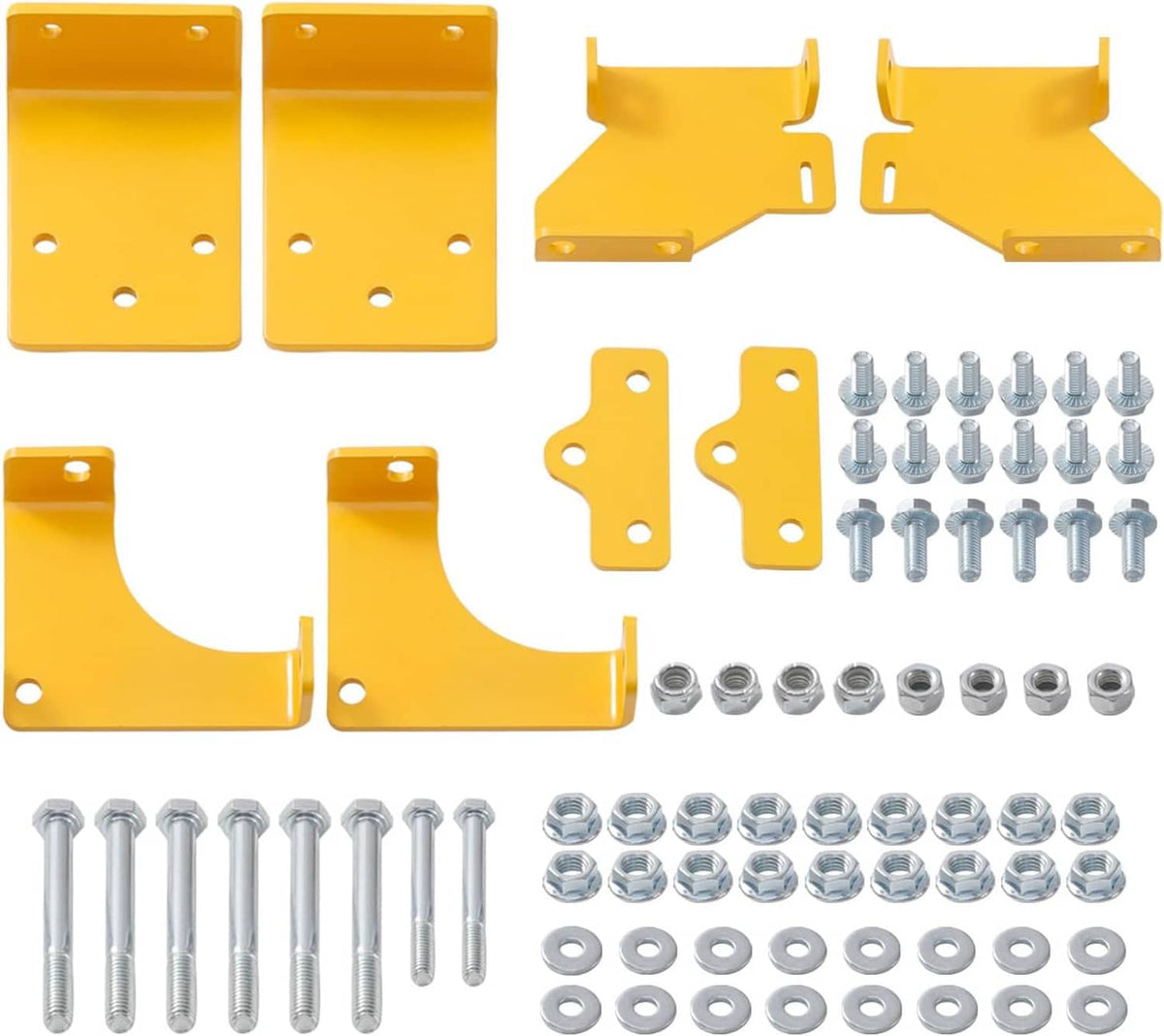 Yellow hydro transmission bracket kit with mounting brackets, bolts, washers, and nuts