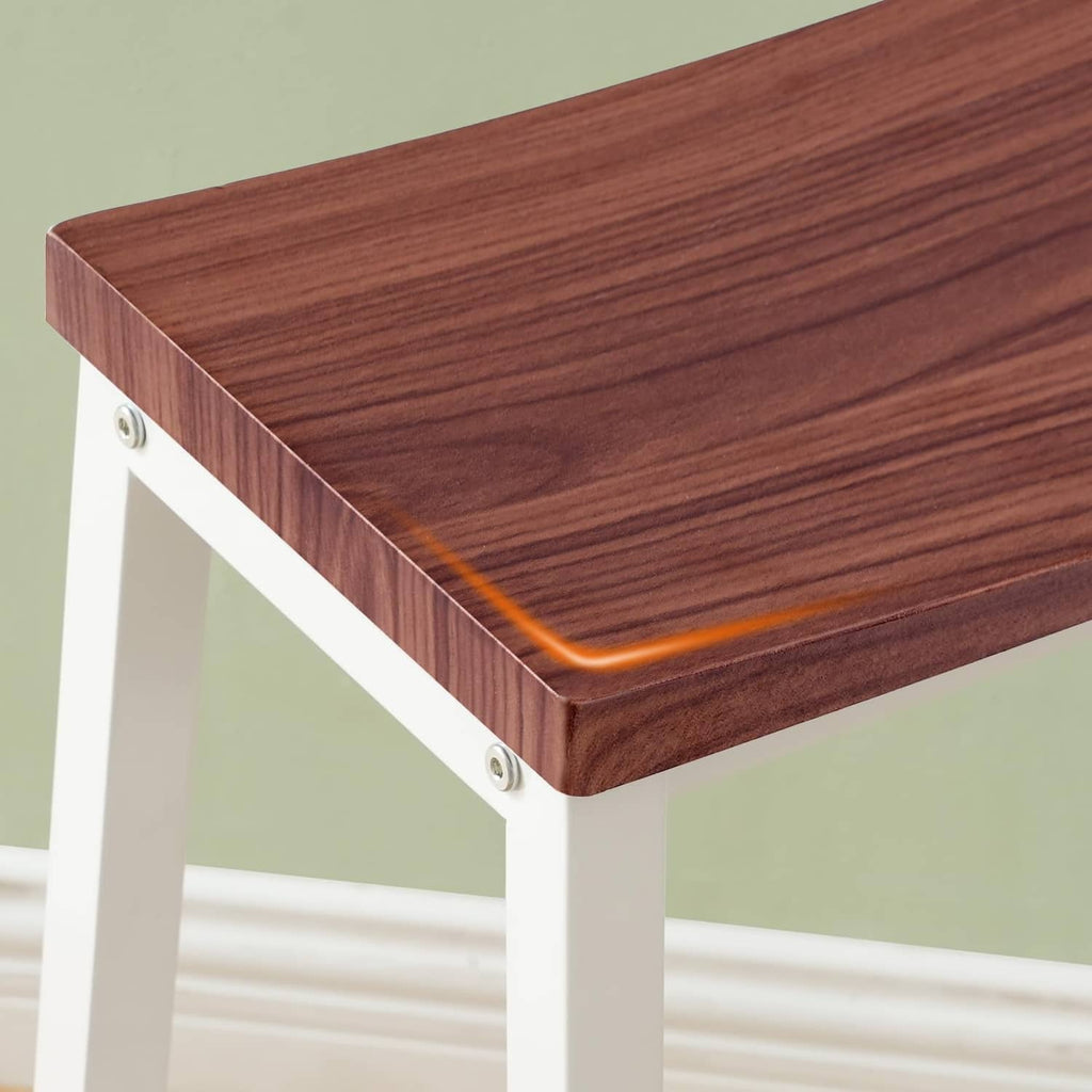 Walnut seat bar stool with rounded corners and white legs, close-up