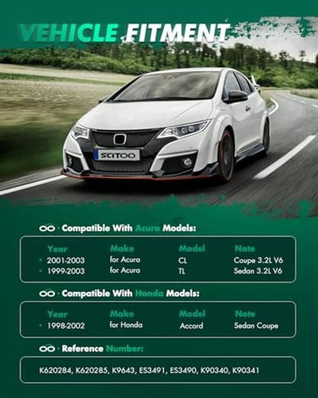 White sedan on road with front suspension fitment graphic overlay