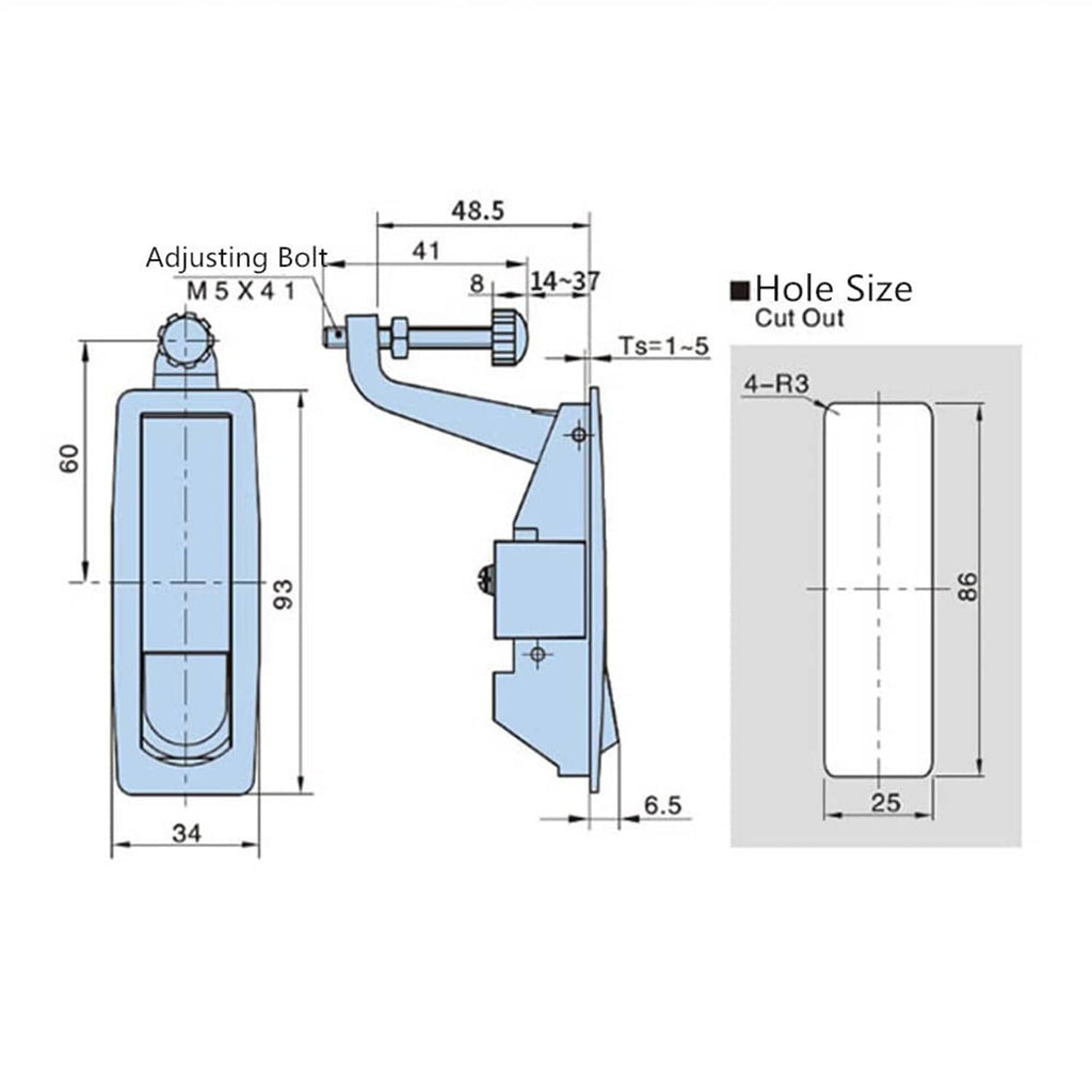 Latch lock dimension diagram with adjusting bolt notes and cut-out hole size