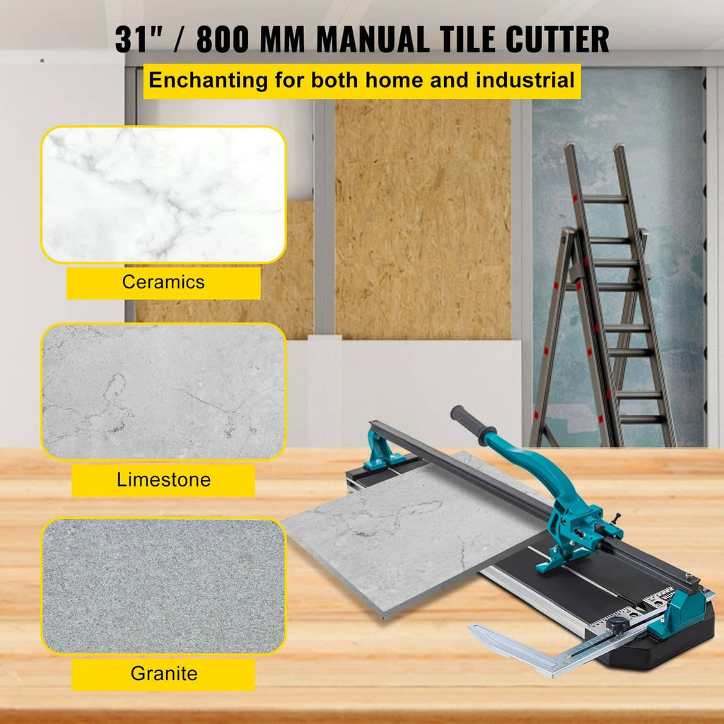 31 in manual tile cutter shown with included spacers and cutting rails for tiles